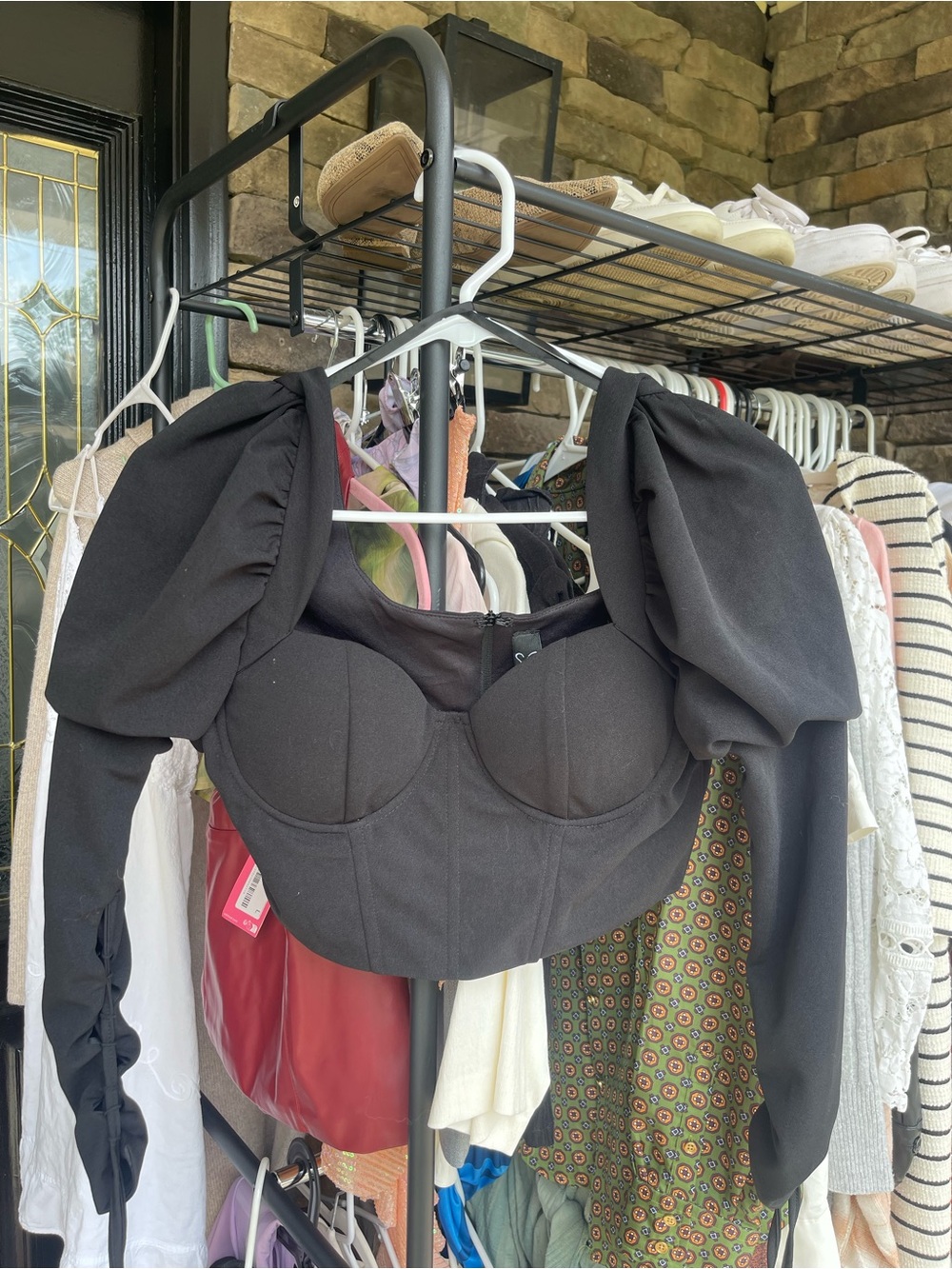 Windsor Black Puff-Sleeve Corset Crop Top